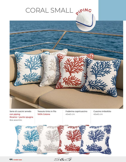 Fodere con Corallo small sia  con cuscino interno 45x45 che senza   ricamo punto in spugna e piping 100% cotone