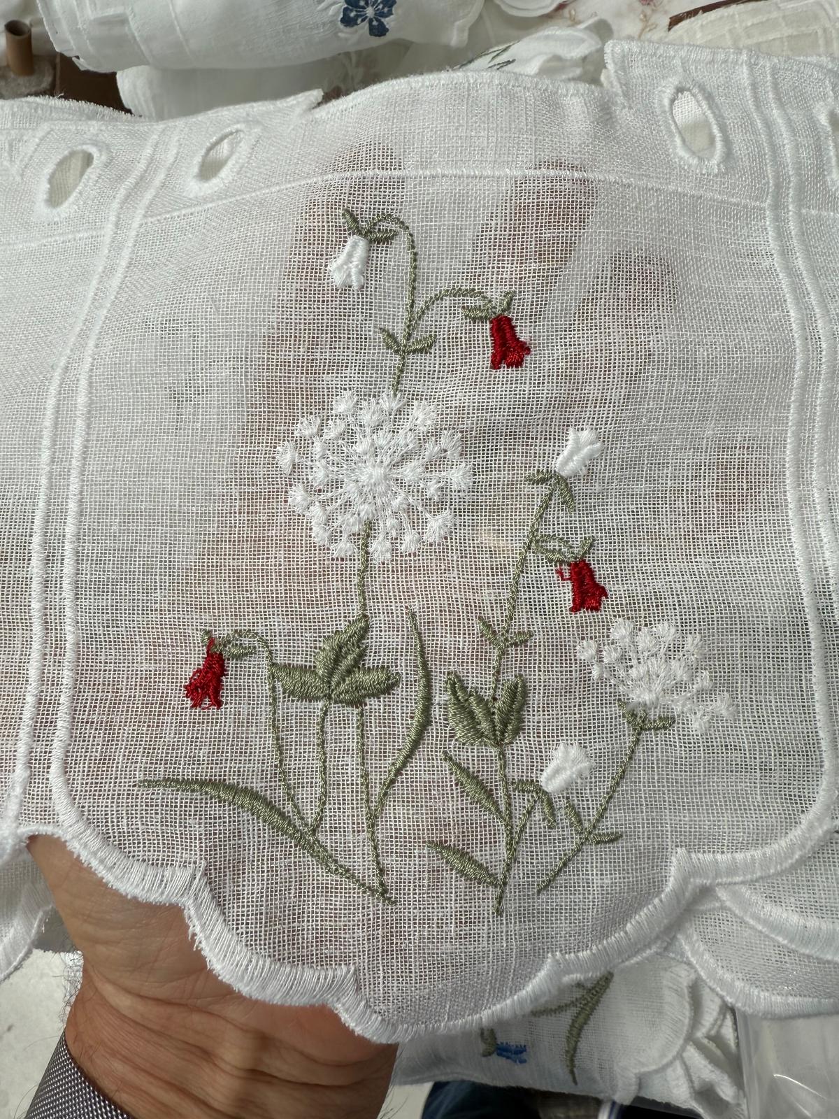 Tendina tirolese h 90 e mantovanina h 25 Campanula gialla ricamata in rilievo disegnata e progettata in Italia