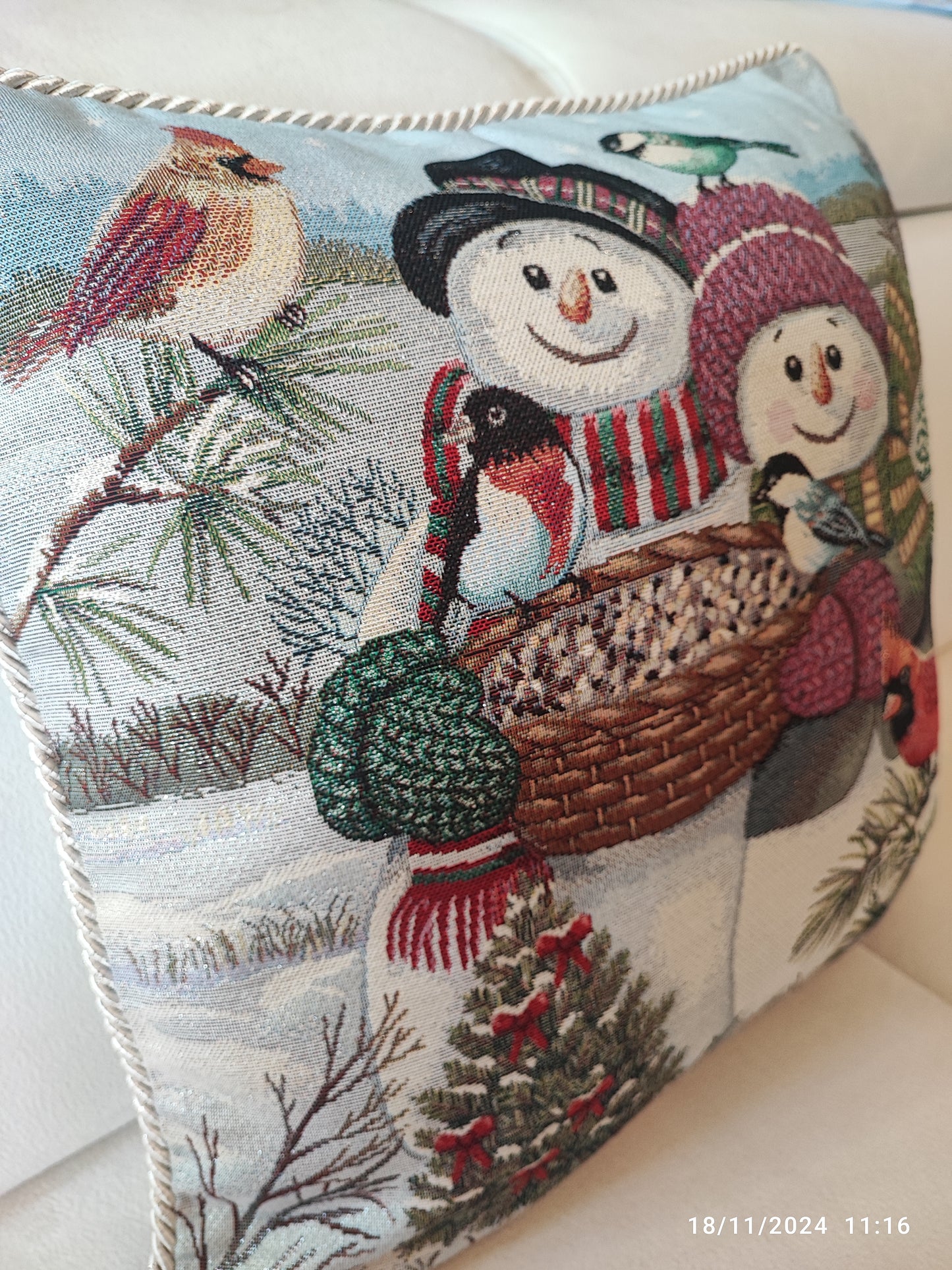 Cuscino intero o Fodera in gobelin con cordone sfoderabile Pupazzi di neve 40x40 produzione italiana