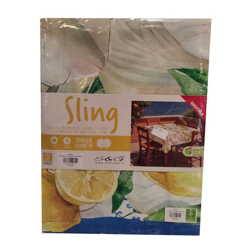 Tovaglia Sling resinata , set americano in cotone con tovagliolo , e runner in cotone stampa digitale con limoni produzione italiana sghome