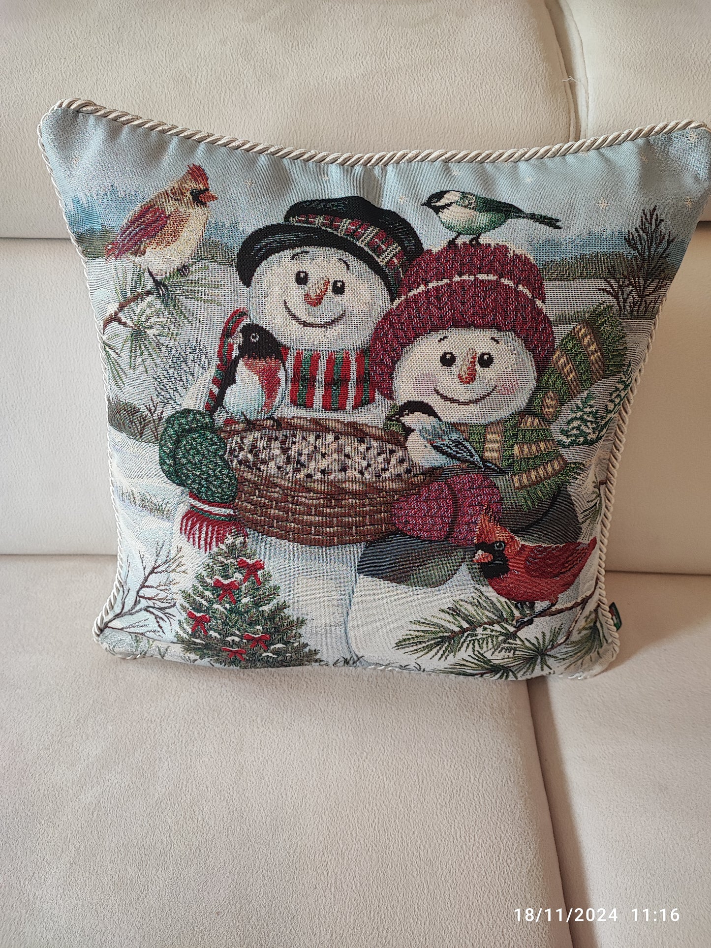 Cuscino intero o Fodera in gobelin con cordone sfoderabile Pupazzi di neve 40x40 produzione italiana