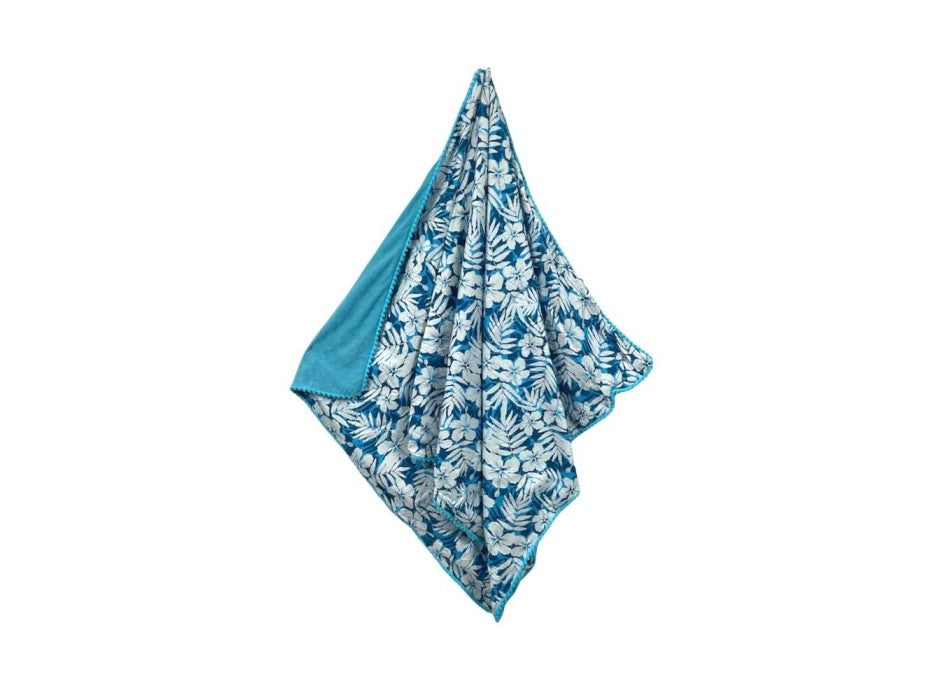 Kikoy Copacabana Light Blue Towel White Flowers with Pon Pon 90x170cm Pareo Beach Towel