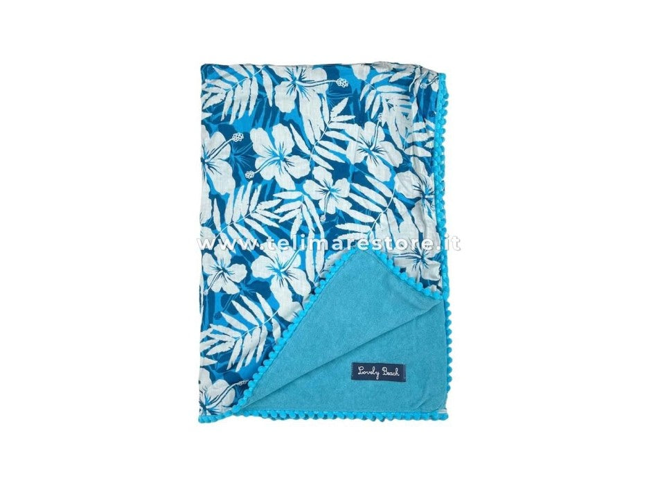 Kikoy Copacabana Light Blue Towel White Flowers with Pon Pon 90x170cm Pareo Beach Towel