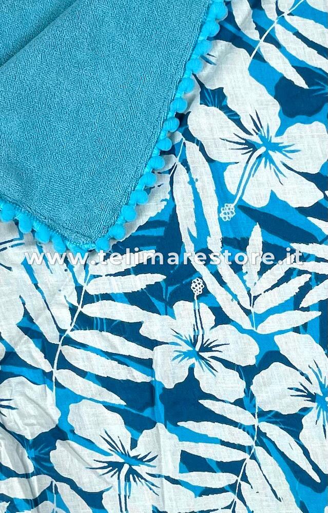 Kikoy Copacabana Light Blue Towel White Flowers with Pon Pon 90x170cm Pareo Beach Towel