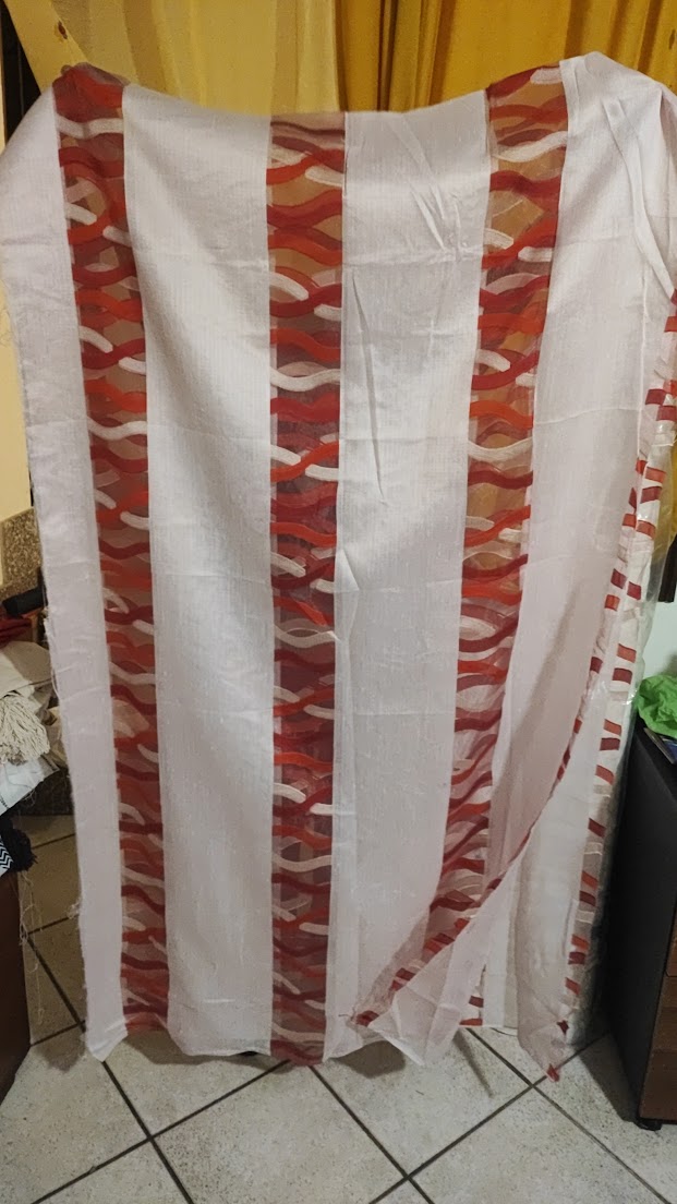 Curtain with red/burgundy devorè stripes, 3.00 m high