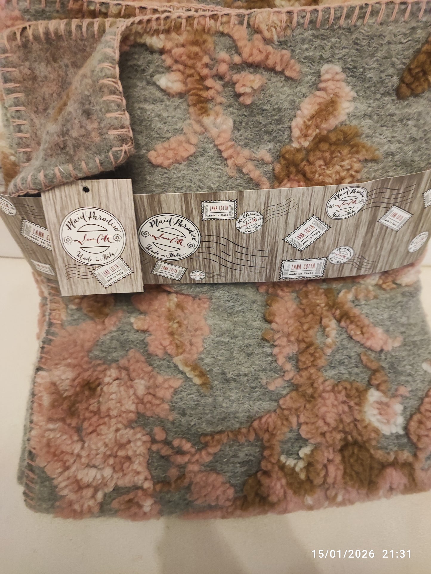 Plaid lana cotta 170x150 con fiori produzione artigianale italiana Toscana Perlatex