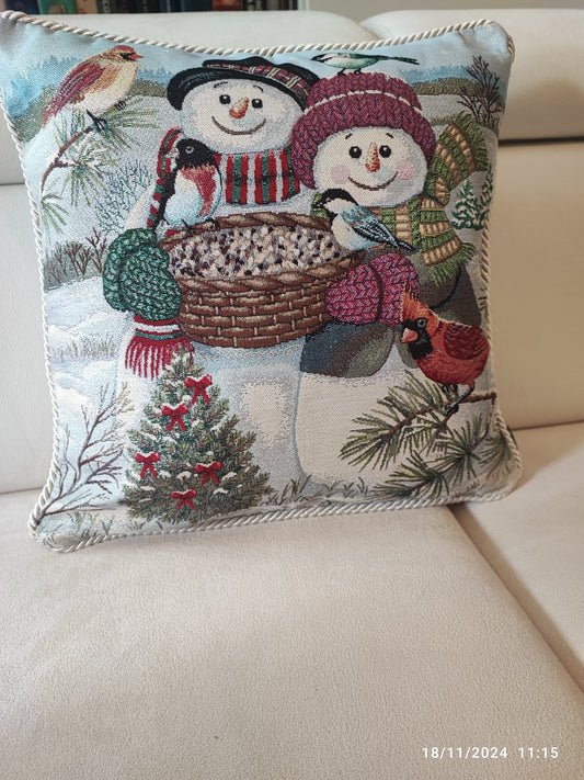 Cuscino intero o   Fodera in gobelin con cordone sfoderabile Pupazzi di neve 40x40 produzione italiana