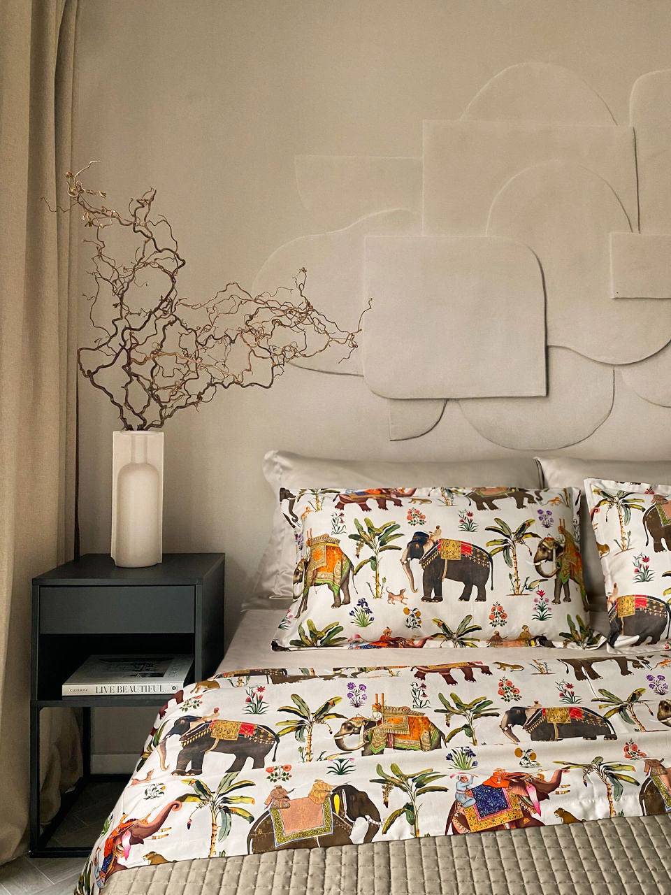 Completo Lenzuola Copriletto CREOLE Circo Panna e Nero Matrimoniale 100% raso di cotone